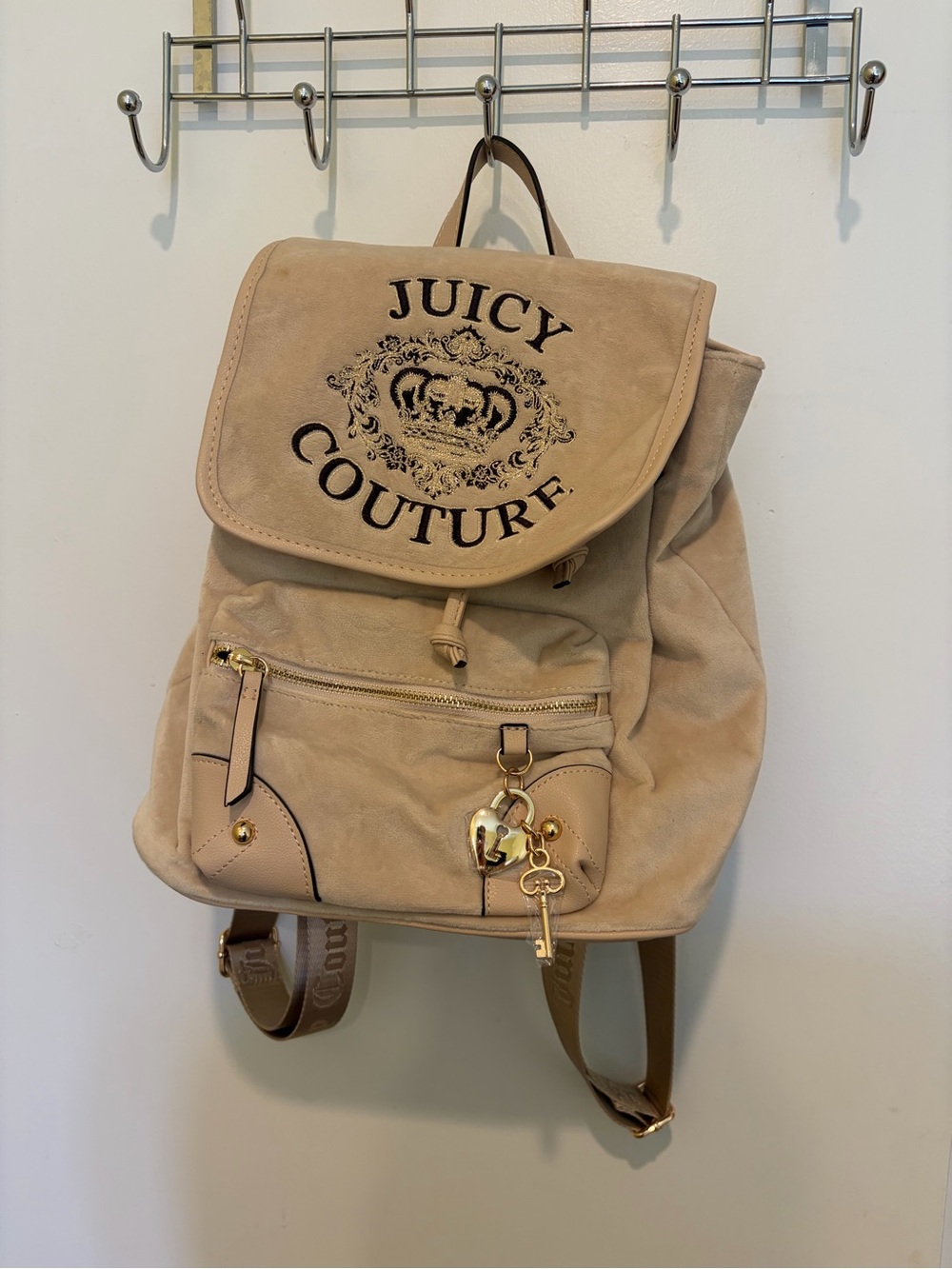 Juicy Couture Beige Suede Logo Drawstring Backpack
